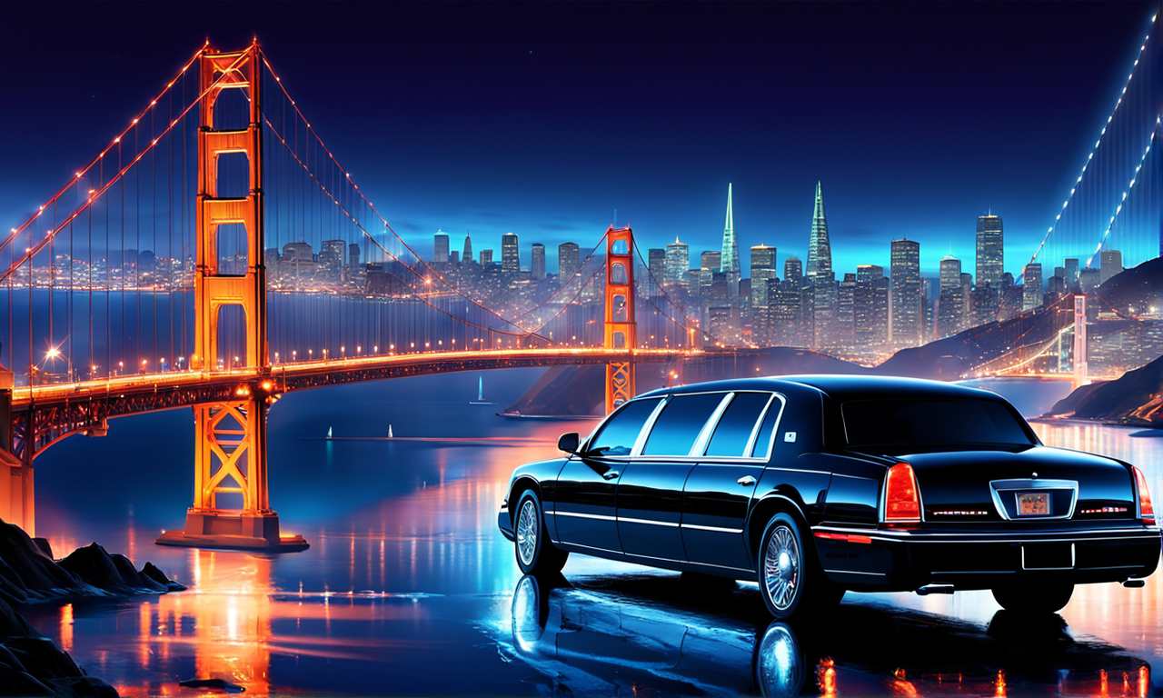 san-francisco-skyline-suffused-with-nightlife-glow-a-lincoln-stretch-limousine-10 passenger-limo