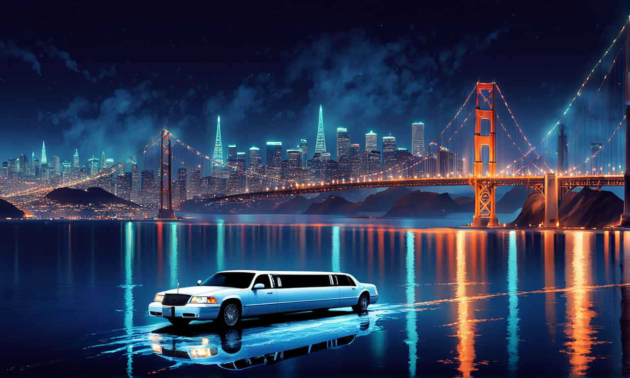 san-francisco-skyline-suffused-with-nightlife-glow-a-lincoln-stretch-limousine-10 passenger-limo